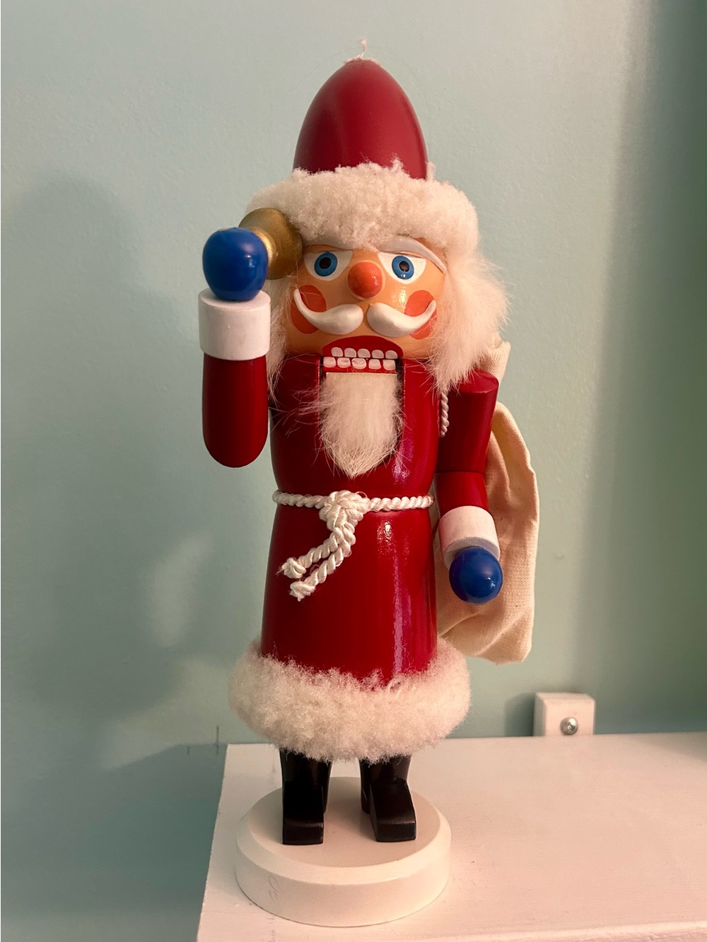 VTG Original Erzgebrigt Germany Wooden Nutcracker Santa Bell Toy Sack 13”